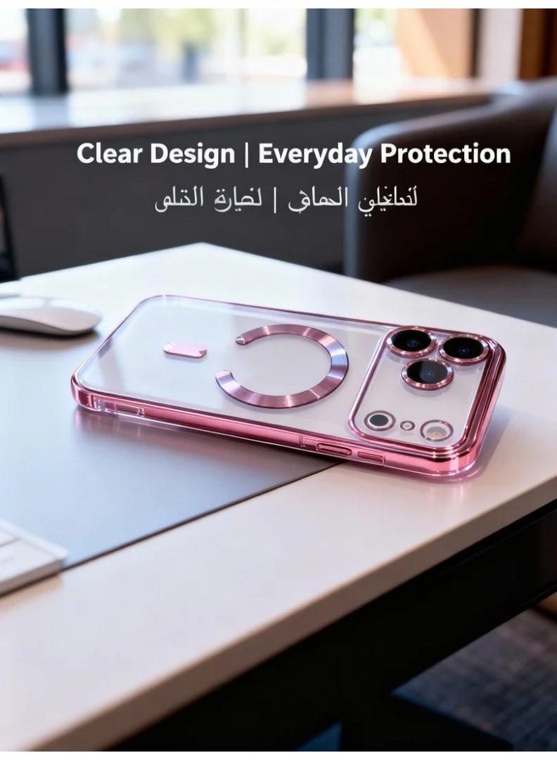 robotgcc Magnetic Phone Case for iPhone 17 Pro Max with Transparent Pink Electroplated Frame, Clear Shockproof Soft TPU Cover, Built-In Camera Lens Protection, Strong Magnetic Ring Compatible with Magnetic Charging, Anti-Drop Protective Case with Full Edge Coverage and Elegant Pink Finish - Image 2